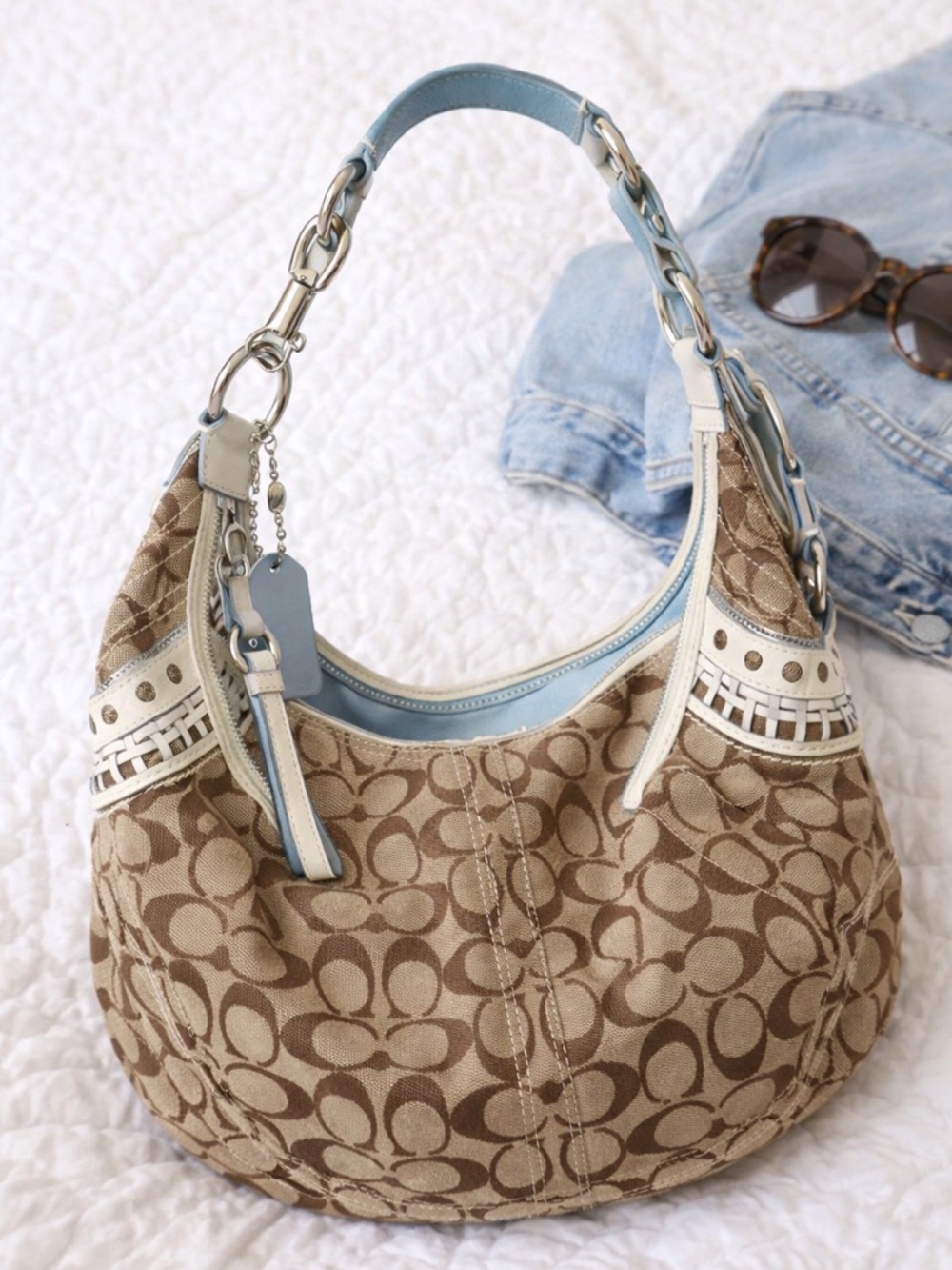 Coach Hobo Bag Brown Canvas White Leather Trim Silver Hardware Blue Lining